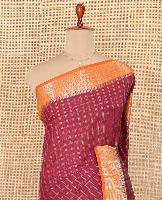Red Semi-Banarasi Dupion Saree, Adorned with Checks, Complemented by a Contrast Traditional Design Border, Striped Pallu, and Paired with a Contrast Blouse