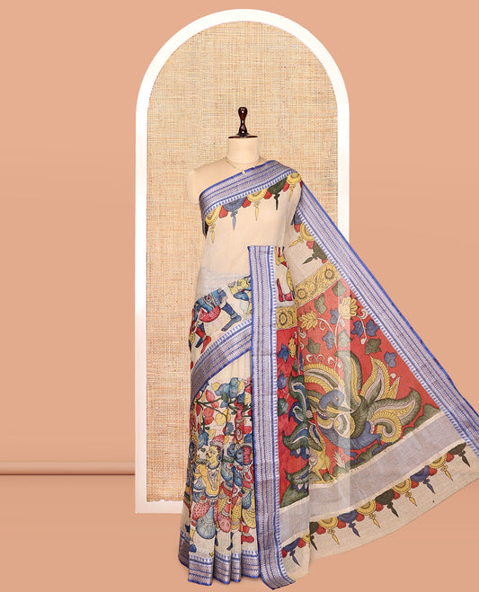 Light Sandal Kalamkari Silk Saree, Masterfully Woven with Human Figurines, a Contrast Traditional Border, Peacock Pallu, and a Contrast Blouse