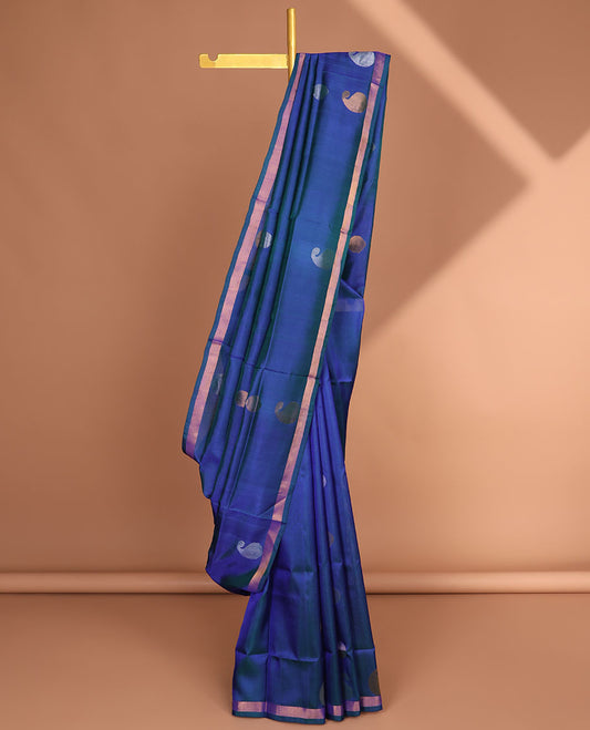 Blue uppada saree with unique buttas, plain border & pallu of unique motif & paisleys