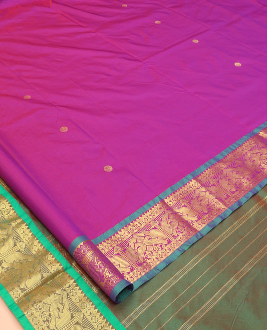 Rani Art-Silk Nine Yard Saree, Adorned with Zari Buttas, Complemented by a Contrast Traditional Zari Border, Pallu of Peacock Designs, and No Blouse