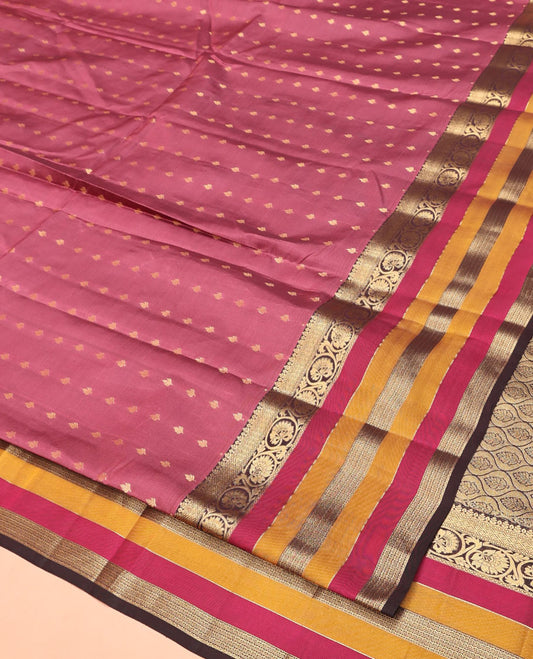Brown Vasundhara Lite Silk Mix Saree, Adorned with Zari Buttas On Its Body, Complemented by Contrast Border of Kodi Visiry, Diamond and Neli Designs, Ogee Patterned Pallu and Paired with a Contrast Blouse