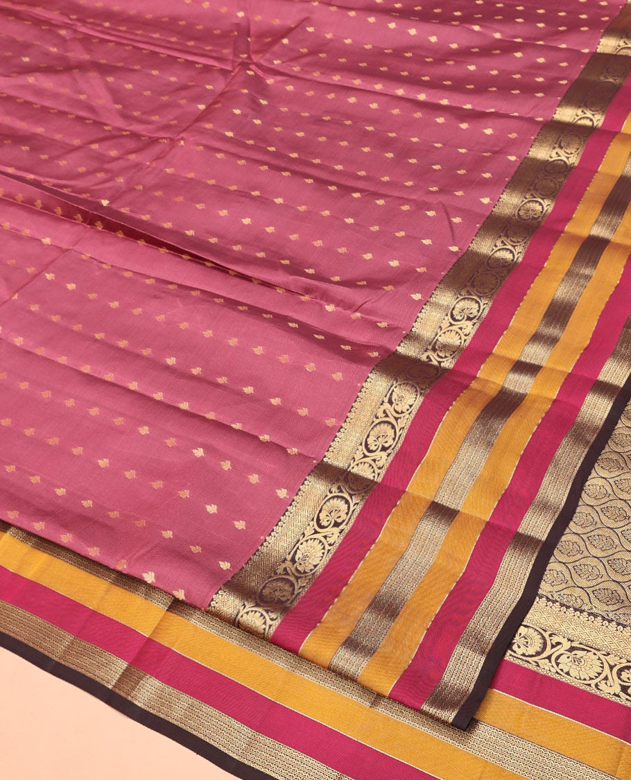 Brown Vasundhara Lite Silk Mix Saree, Adorned with Zari Buttas On Its Body, Complemented by Contrast Border of Kodi Visiry, Diamond and Neli Designs, Ogee Patterned Pallu and Paired with a Contrast Blouse