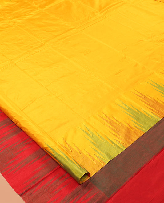 Yellow Plain Bangalore Silk Saree, Complemented by a Contrast Temple Border, Striped Pallu, and a Contrast Blouse