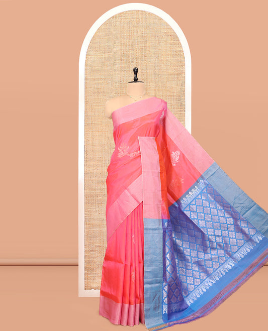 Pink  Semi Uppada Saree, Accentuated with Floral-Themed Buttas, a Bavanji Border, Contrast Jaal Pallu, and a Contrast Blouse