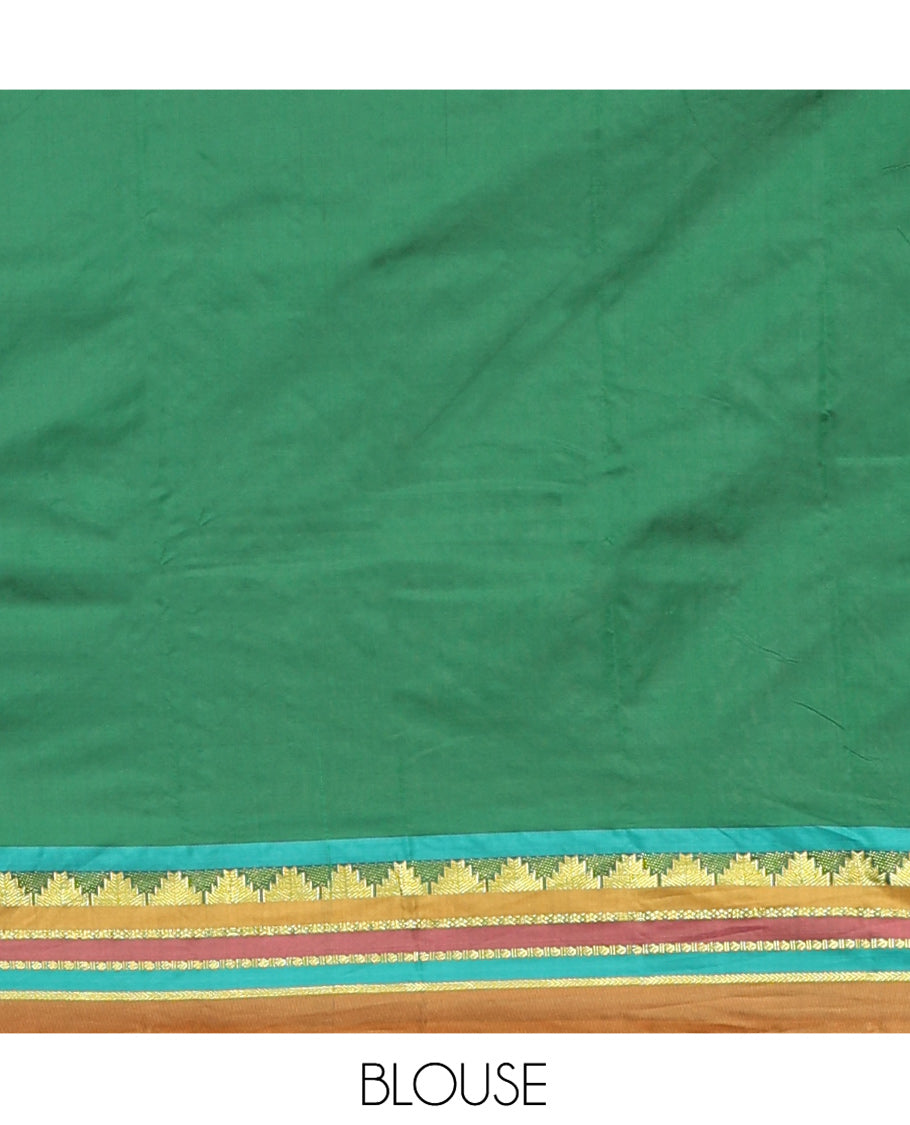 Brown Plain Arani Gift Saree, Complemented by a Contrast Traditional Zari Border, a Zari Striped Pallu, and a Contrast Blouse