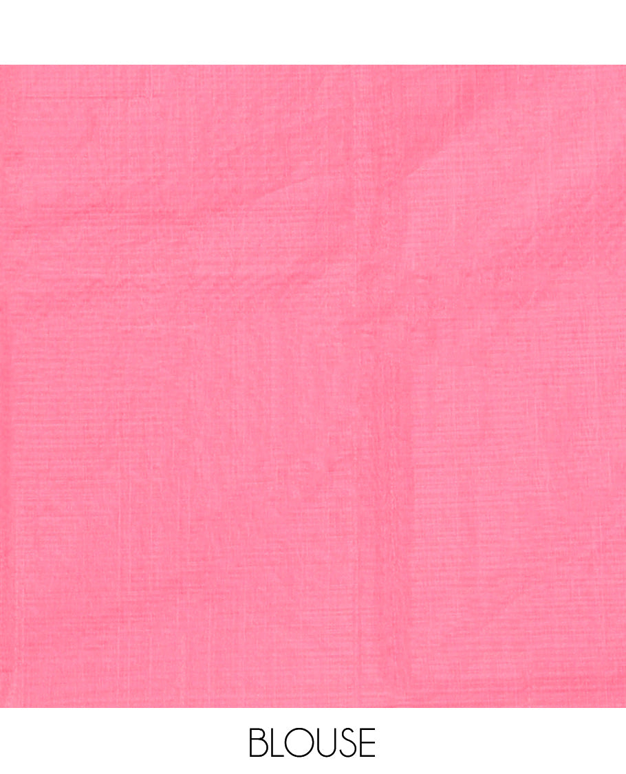 Borderless Pink Silk Cotton Saree, Adorned with Zari Buttas and Stripes, Grand Pallu, and a Matching Blouse