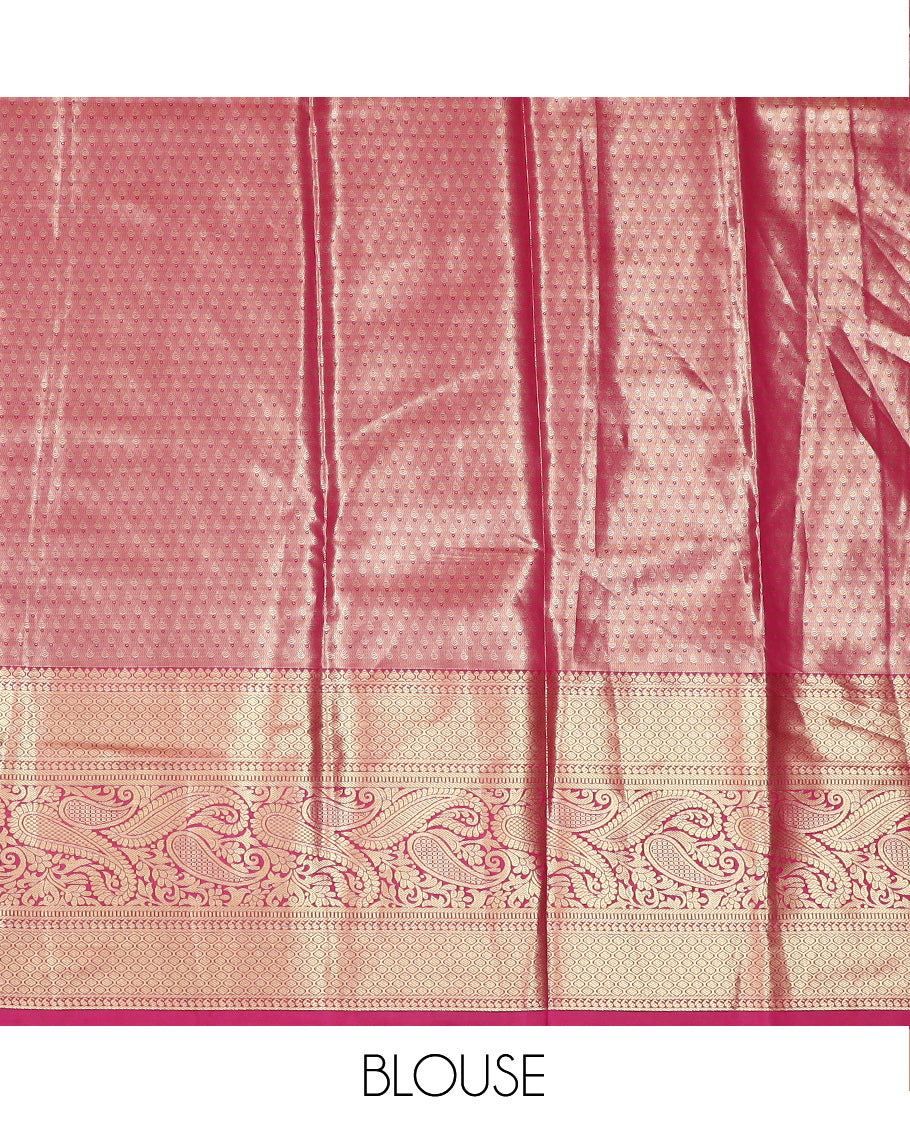 Light Gold-Base Art Silk Material Half Saree Set Featuring Meenakari Leaf Jacquard Skirt, a Contrast Traditional Zari-Designed Steeped Border, a Zari Jacquard Blouse, and a Dhavani Sparked with Zari Designs