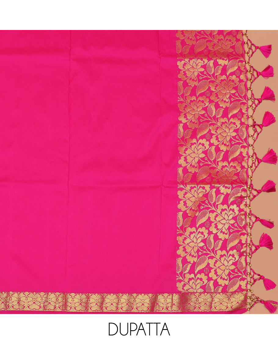 Light Gold-Base Art Silk Material Half Saree Set Featuring Meenakari Leaf Jacquard Skirt, a Contrast Traditional Zari-Designed Steeped Border, a Zari Jacquard Blouse, and a Dhavani Sparked with Zari Designs