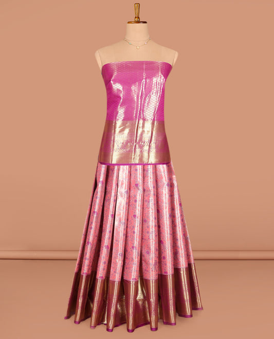 Pink Art Silk Pavadai Material Set, Adorned with Meenakari Jacquard Designs on Its Skirt, Complemented by a Contrast Traditional Zari Design Border, and Paired with a Contrast Jacquard Blouse