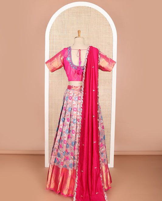 Baby pink floral art silk half saree with contrast zari design border, embroidered blouse & floral embroidery dhavani