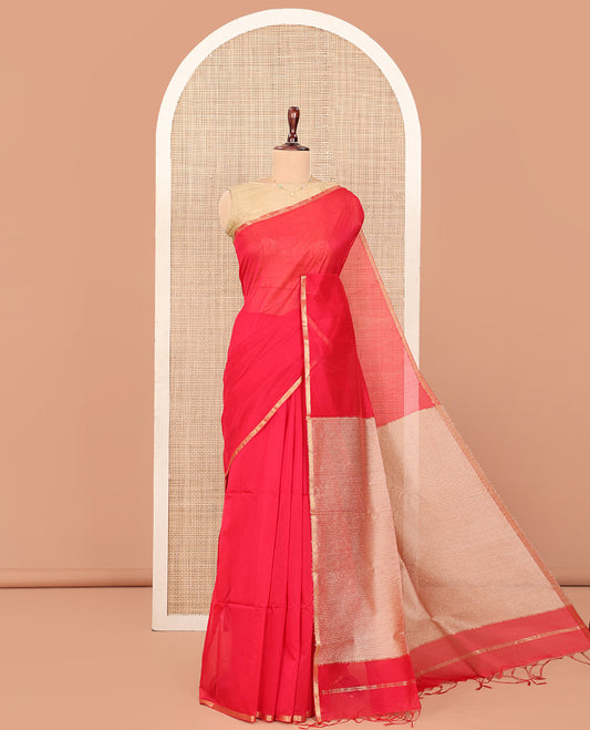 Red Plain Maheshwari Cotton Saree, Subtle Zari Piping Border, Pallu Steeped with Stripes, and Paired with a Contrast Blouse