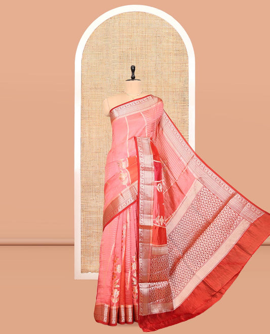 Pink Dupion Silk Saree, Adorned with Rangkat-Style Floral and Zari Stripes, a Contrast Traditional Zari Border, Geometric Pallu, and a Contrast Blouse