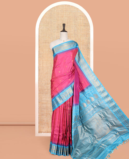 Pink Gadwal Silk Saree, Adorned with Zari Buttas, Complemented by a Contrast Temple Traditional Zari Border, Grand Pallu, and a Contrast Blouse