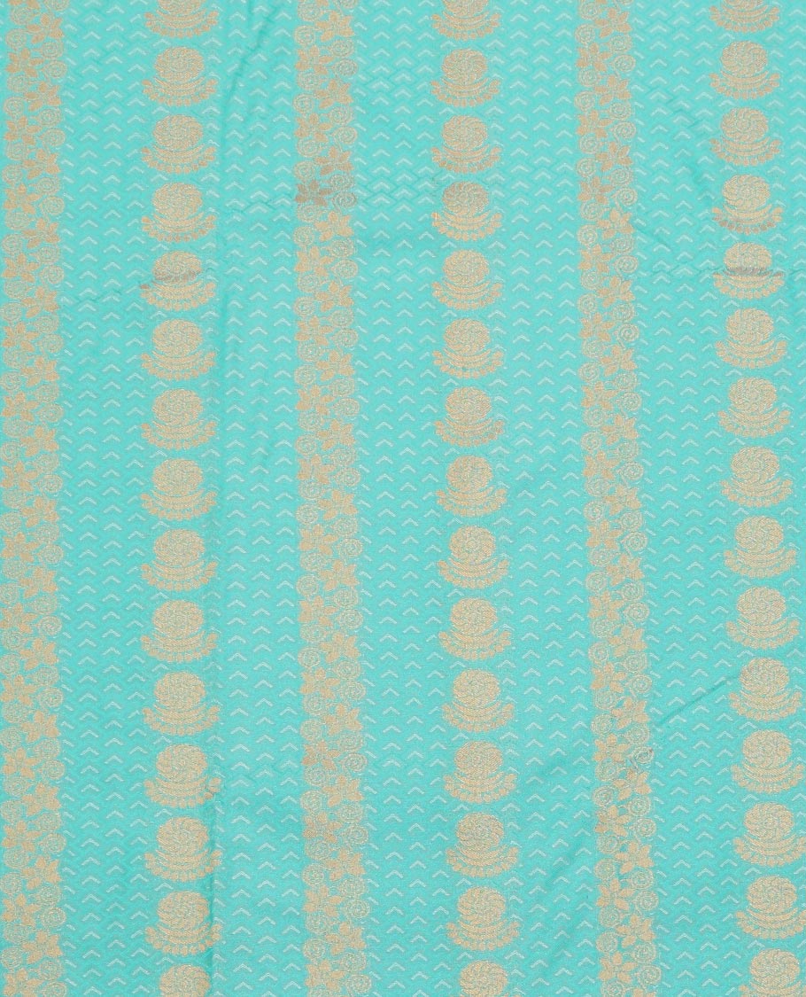 Turquoise Art Silk Pavadai Material Set Featuring Chevron and Floral Patterns on Its Skirt, Complemented by Contrast Traditional Zari Design Border, and Paired with a Contrast Blouse