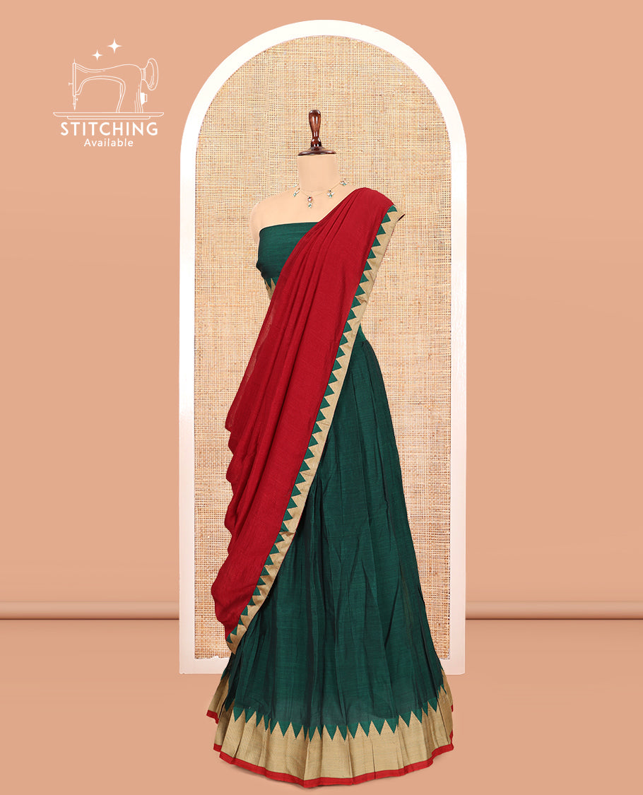 Green Mercerised Cotton Half-Saree, Plain Skirt, a Temple Border, a Matching Blouse, Contrast  Dhavani