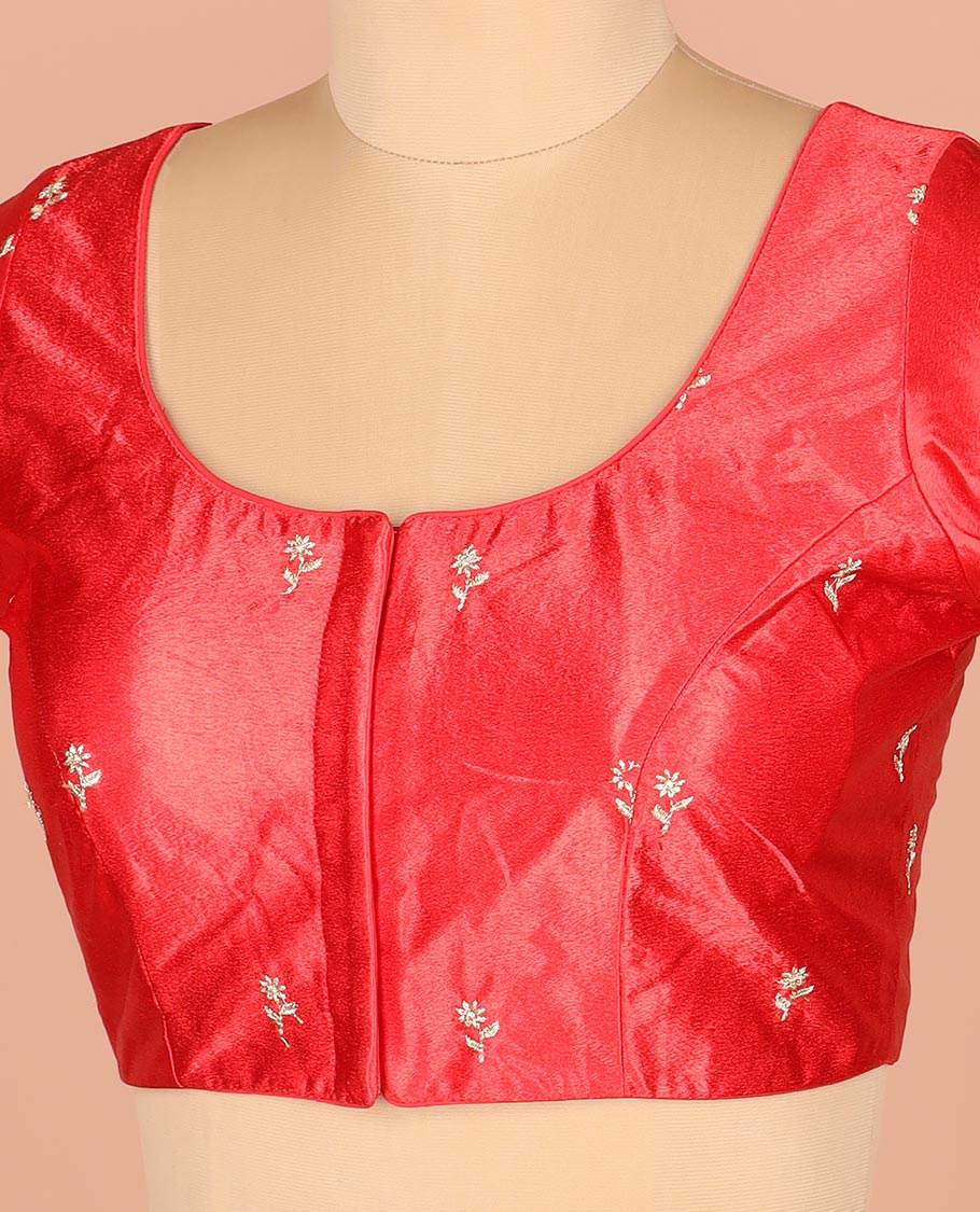 Scintillating Red Readymade Blouse Delicately Embroidered with Floral Motifs, Featuring Front Round Neck, Back Round Neck, and Embroidered Elbow Sleeves
