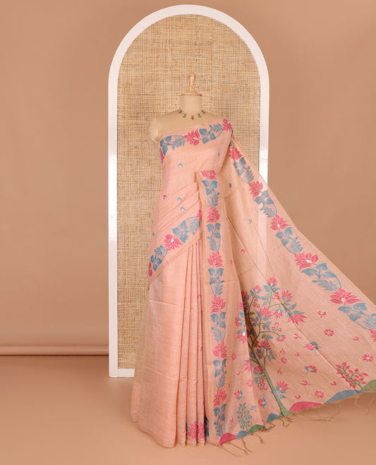 Peach resham thread buttas Munga cotton saree, jamdani floral creeper border, jamdani floral pallu, and contrast floral zari buttas blouse