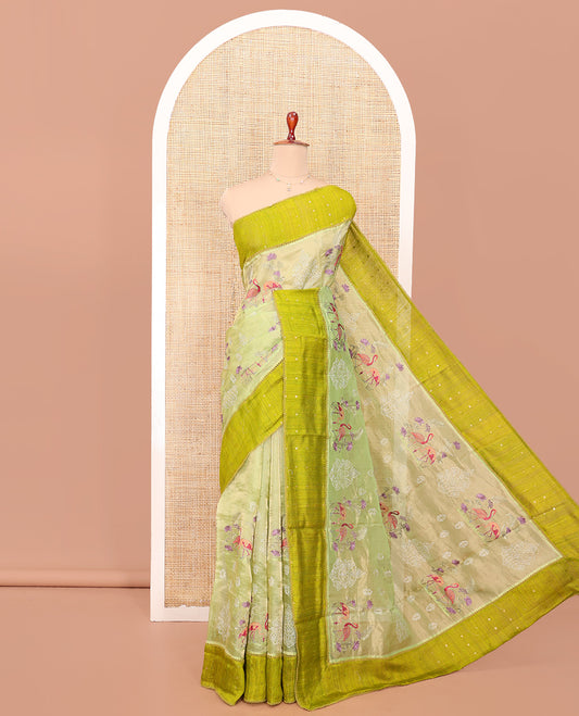 Green Tissue Saree, Gracefully Embroidered with Floral-Bird Motifs, a Contrast Border, Matching Blouse