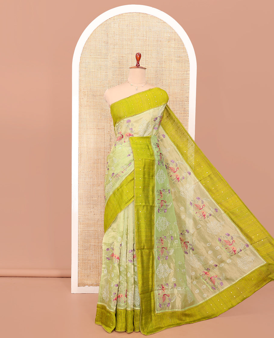 Green Tissue Saree, Gracefully Embroidered with Floral-Bird Motifs, a Contrast Border, Matching Blouse
