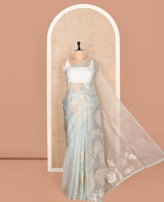 Pale Green Crushed Tissue Saree, Delicately Decked Up with Floral Motifs Embroidery, a Subtle Scallop Border, and Matching Blouse
