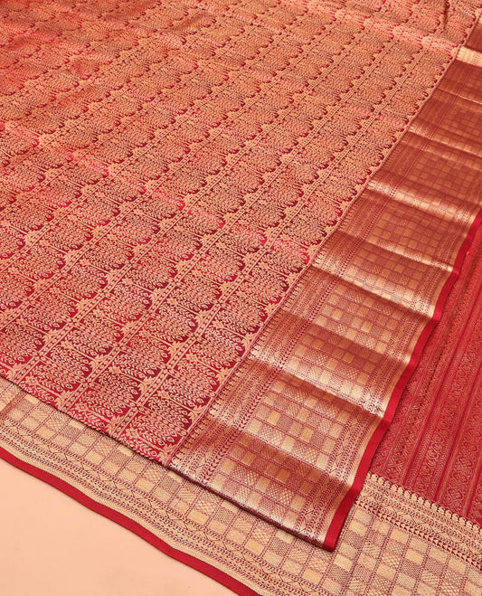 Red Kanchipuram Wedding Silk Saree, Regally Decorated with Jacquard Design Weave, Highlighted by Zari Border of Manga Mokku, Banaras, Neli, Ara Bogudi, Mayil Kann, and Paiyadi Kattam Designs, Grand Pallu, and Paired with a Matching Blouse