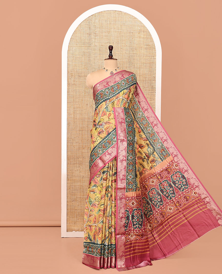 Yellow Kalamkari Saree, Adorned with Floral Vine Print, Complemented by Contrast Zari Woven Border, Ikkat Pallu, and a Contrast Blouse