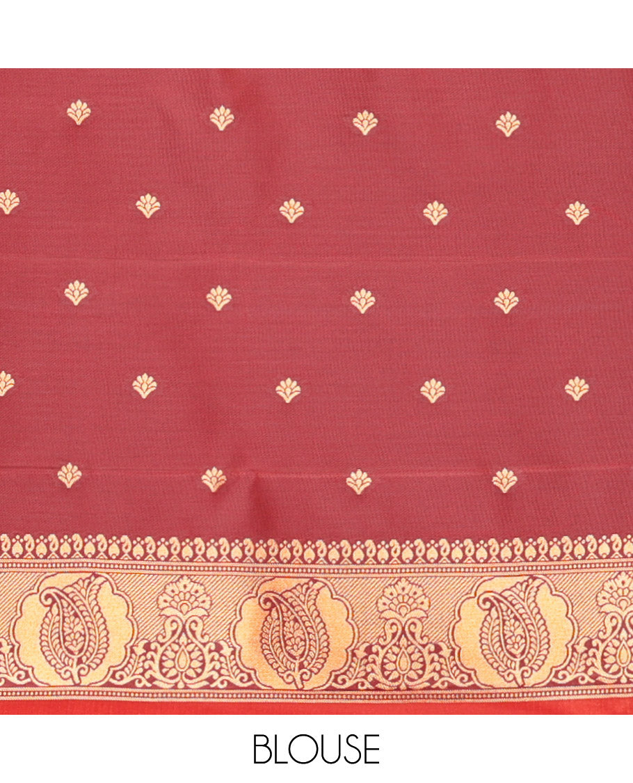 Reddish Brown Kanchi Soft Silk Saree, Majestically Detailed with Vaira Oosi, and Zari Buttas All Over Its Body, Complemented by Contrast Border of Paisleys, an Intricately Designed Pallu, and Paired with a Contrast Blouse