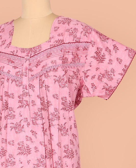 Pink Cotton Nighty Subtly Sparkled with Floral Print, Featuring Lace Work, Square Front Neck, and Half  Sleeves