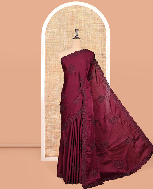 Maroon Designer Saree, Finely Crafted with Floral Stone Patchwork, a Scallop Stonework Border, and a Matching Blouse