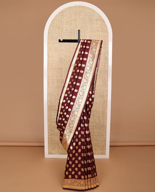 Maroon floral buttas semi banaras nylon saree with self intricate zari design border & floral design pallu