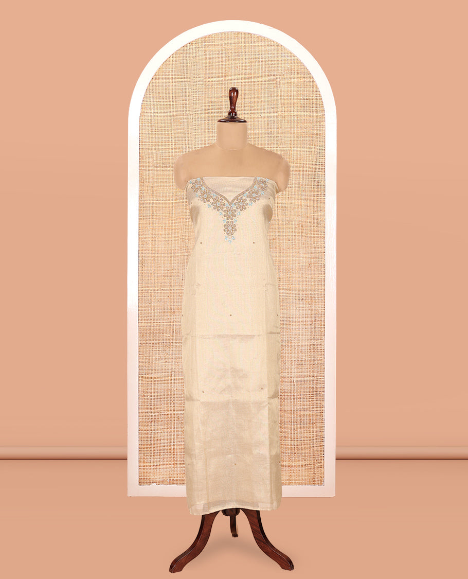 Chikku-Sea Blue Shimmer Tissue Material Churidar, Elevated with Bead Neck Embroidered Top, a Contrast Bottom, and a Sparsely Woven Dupatta