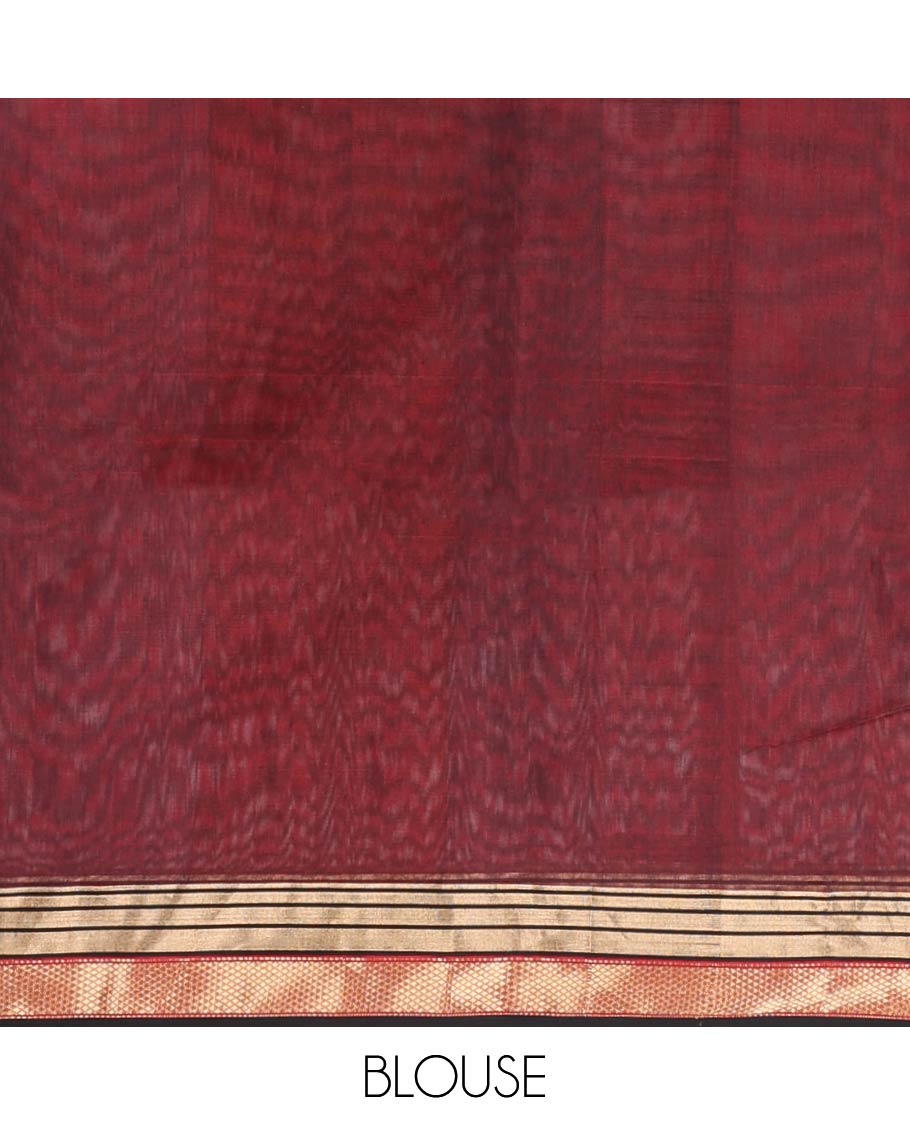 Red floral motifs maheshwari cotton saree with contrast zari design border & striped pallu