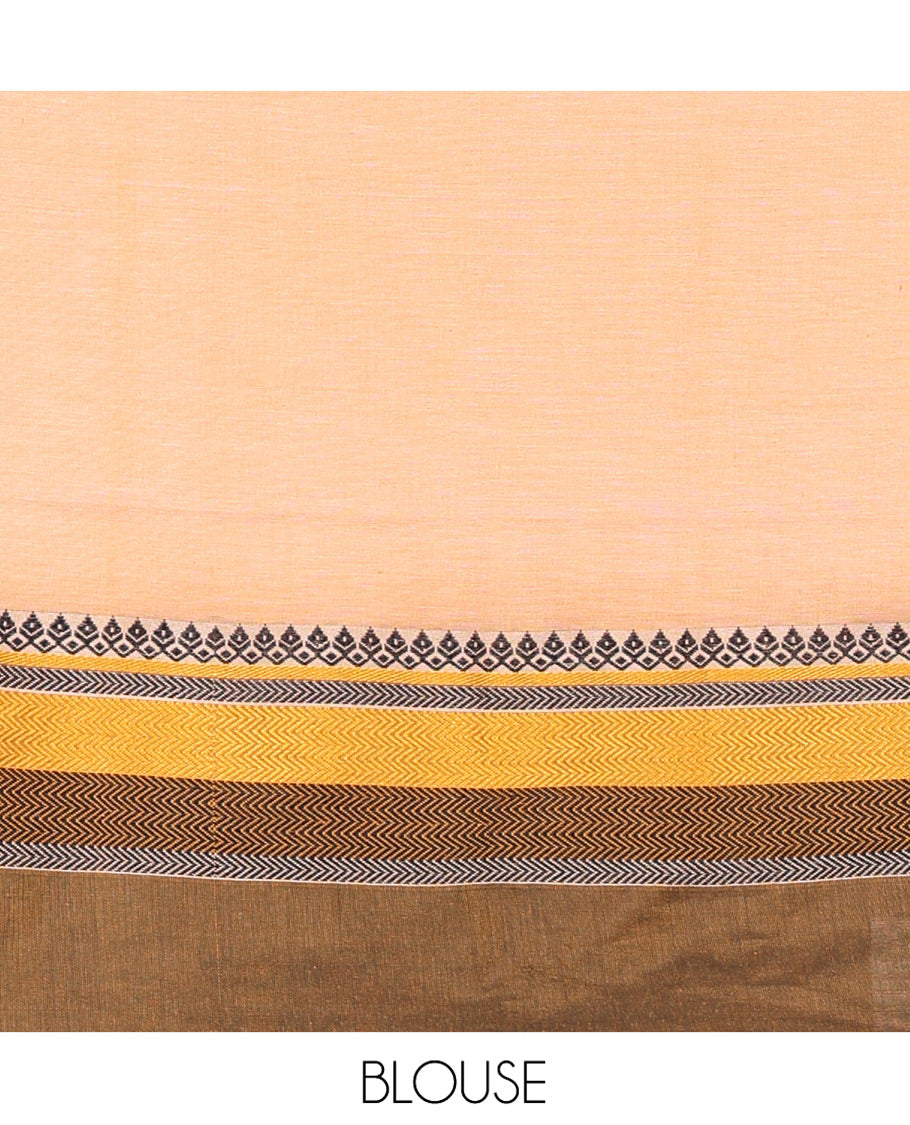 Chikku Plain Khadi Mul Cotton Saree, Complemented by a Contrast Thread-Woven Border of Geometric Patterns, Contrast Plain Pallu, and Paired with a Matching Blouse