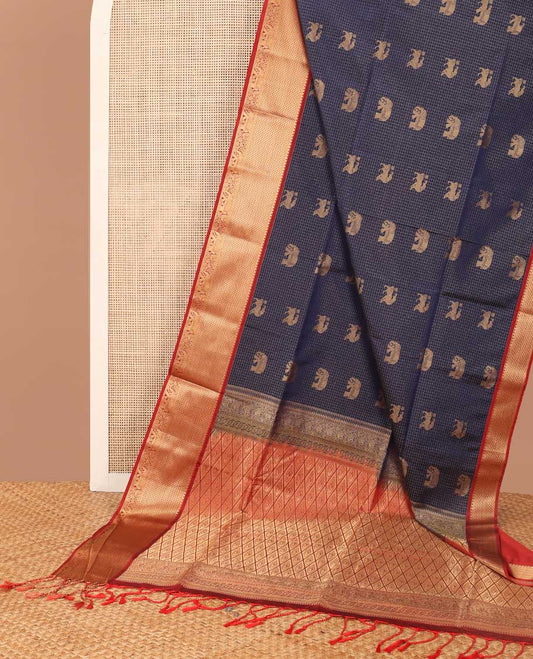 Blue checked, animal motifs soft silk saree with contrast zari design border & argyle design pallu