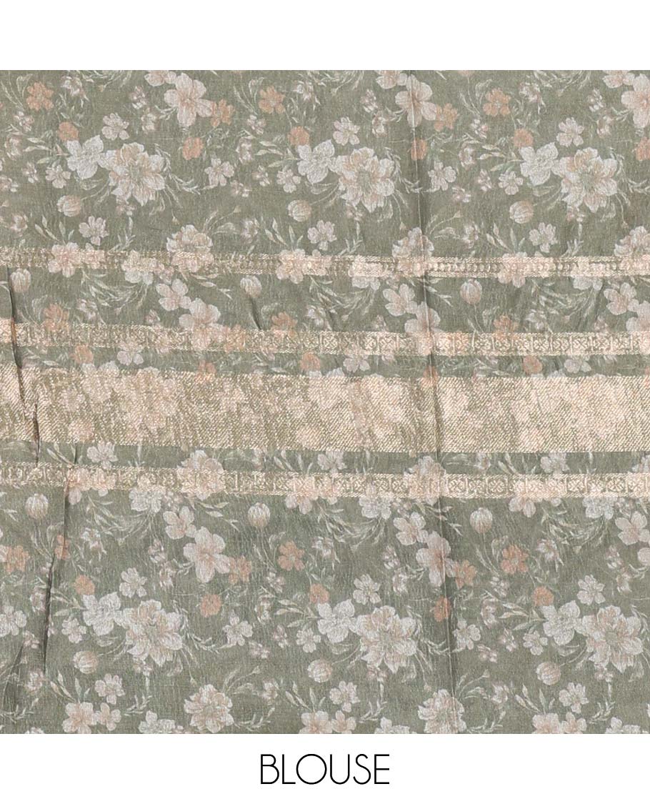 Green floral and bird motifs printed Moss crush saree, piping border, floral and bird motifs printed pallu, and contrast printed blouse