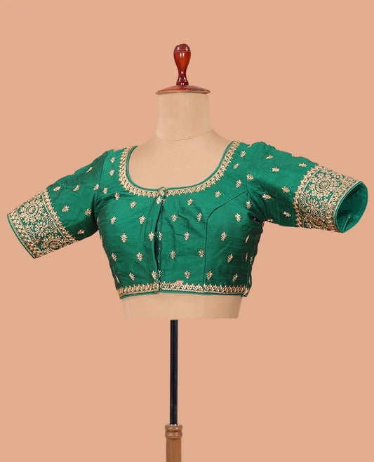 Green intricately thread embroidered front-back round neck elbow sleeve blouse