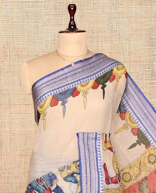 Light Sandal Kalamkari Silk Saree, Masterfully Woven with Human Figurines, a Contrast Traditional Border, Peacock Pallu, and a Contrast Blouse