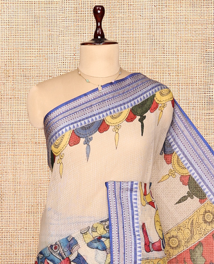 Light Sandal Kalamkari Silk Saree, Masterfully Woven with Human Figurines, a Contrast Traditional Border, Peacock Pallu, and a Contrast Blouse