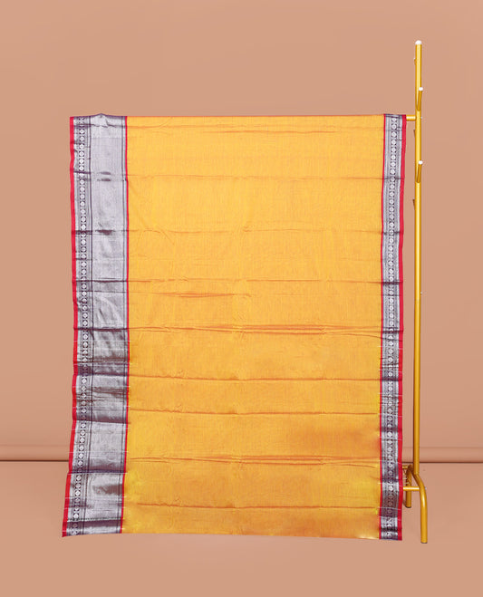 Yellow Plain Narayanpet Cotton Saree, Complemented by a Contrast Traditional Zari Design Border, Striped Pallu, and Comes Without a Blouse