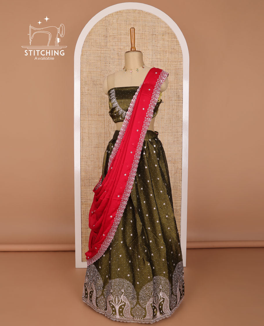 Olive green floral, peacock embroidery organza half saree with embroidered blouse & floral embroidery, scallop border dhavani