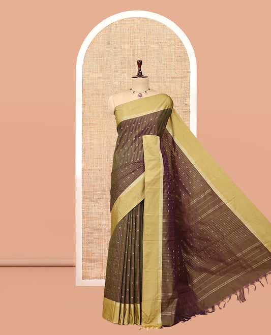 Green-Brown Arani Saree, Decorated with Zari Buttas and Stripes, a Contrast Zari Border, Pallu of Zari Designs, and a Matching Blouse