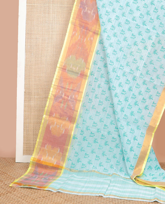 Baby blue floral motifs chirala cotton saree with floral design border & striped pallu