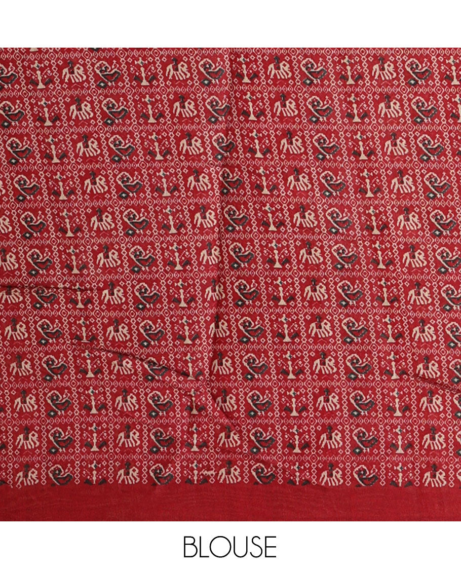 Mustard Manipuri Tussar Saree, Delicately Woven with Mirror Work, a Contrast Patola Animal Motif Border, Patola Pallu, a Contrast Blouse