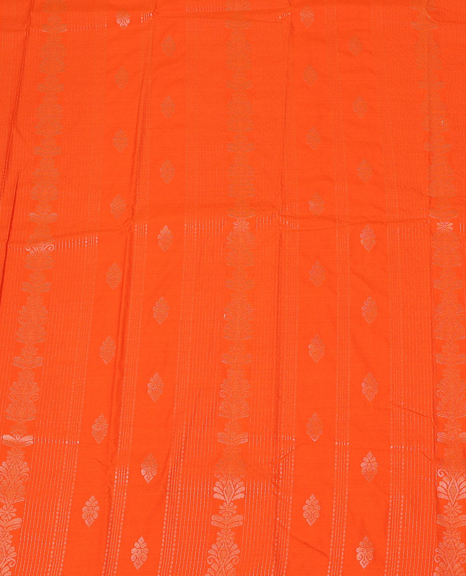 Orange Art Silk Pavadai Material Set, Adorned with Zari Designs All Over Its Skirt, Highlighted with a Contrast Traditional Zari Design Border, and Paired with a Contrast Blouse