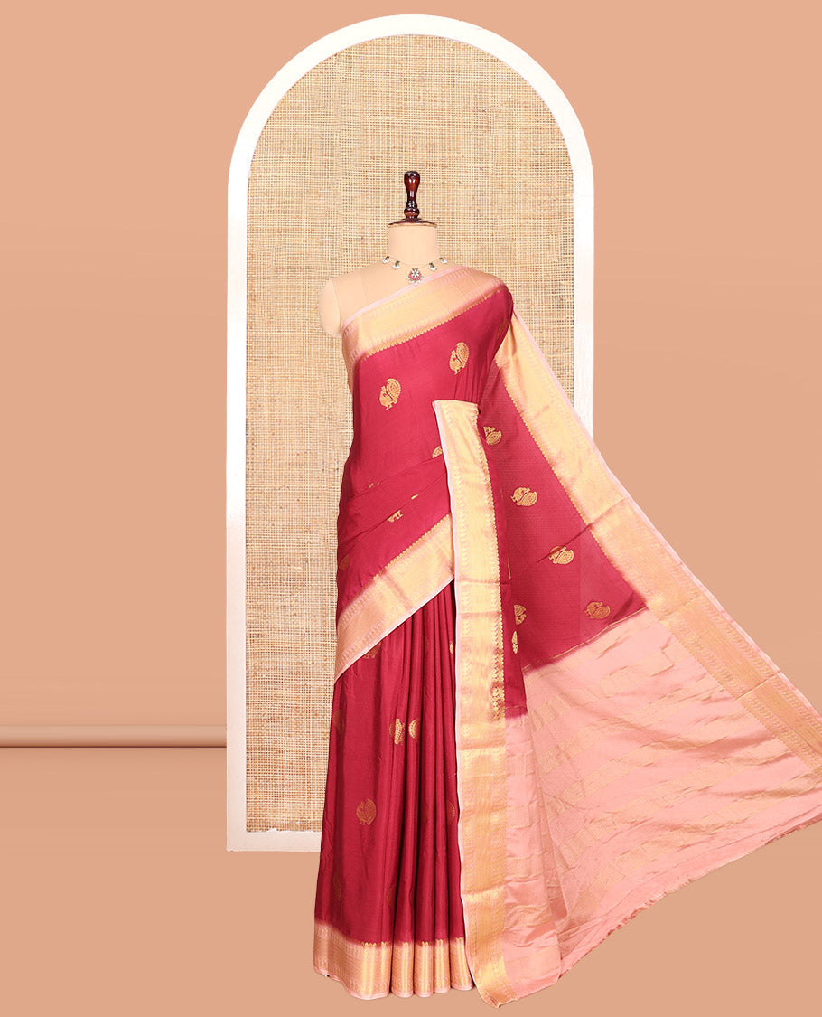 Maroon Peacock Buttas Fancy Mysore Silk Saree, Contrast Traditional Border, Contrast Blouse