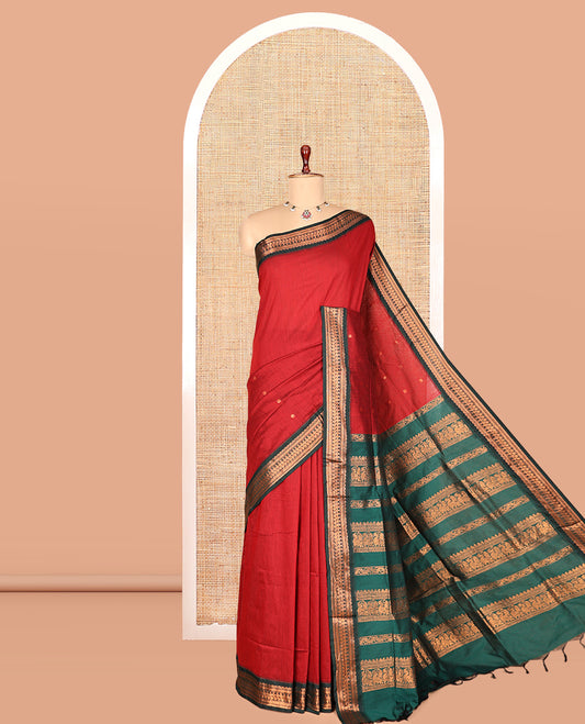 Red Plain Kalyani Cotton Saree, a Contrast Traditional Zari Border, Grand Pallu, and a Contrast Blouse