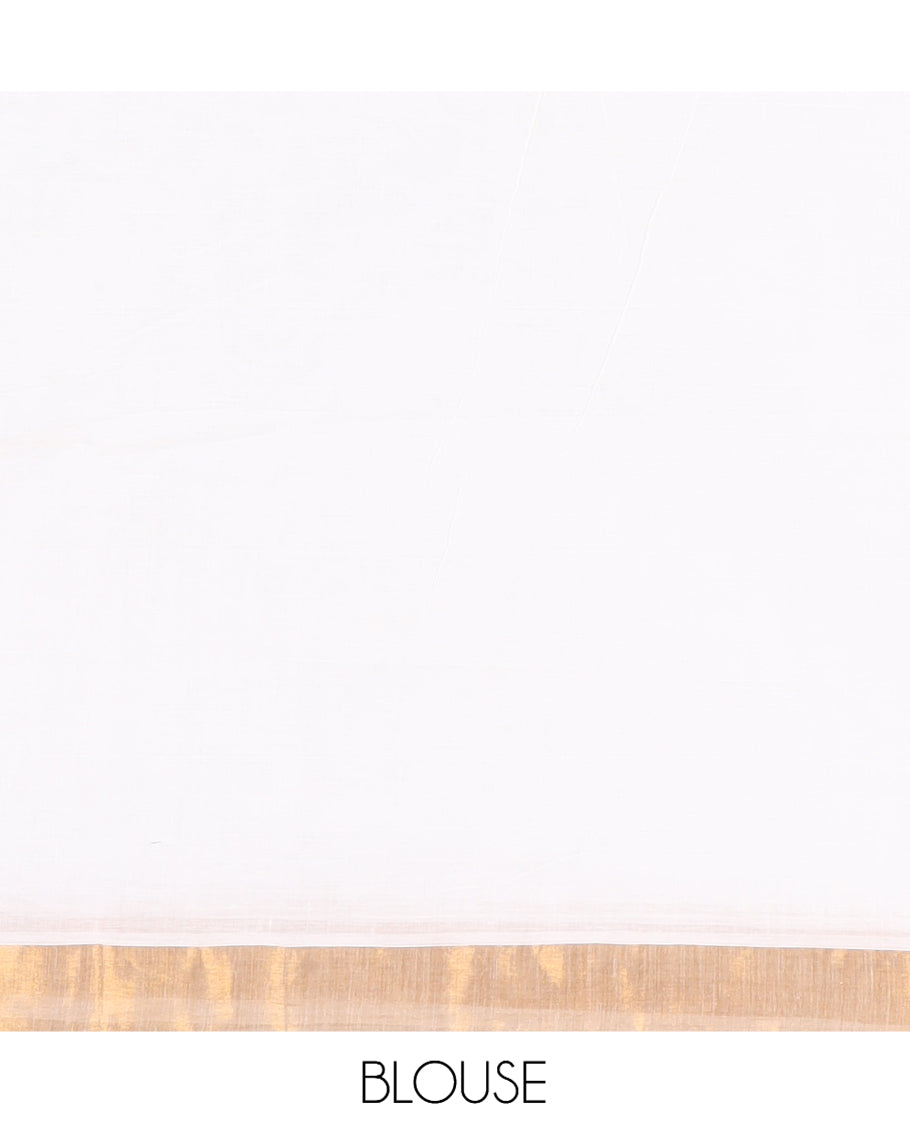 Cream Kerala Cotton Saree Features Elephant Patchwork, a Contrast Temple Border, and a Plain Blouse