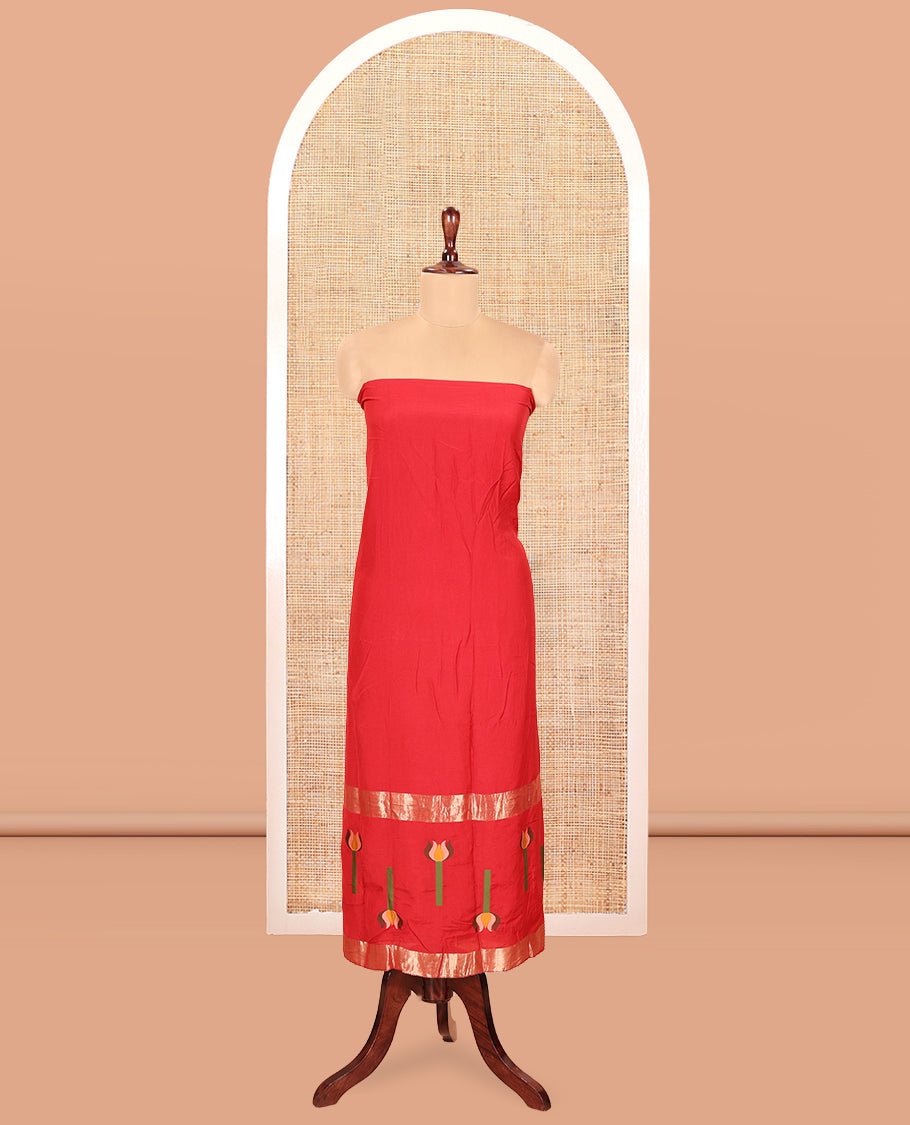 Red Mul Chanderi Material Chudidar Features Jamdani-Floral Top, Plain Bottom, Jamdani-Floral Dupatta