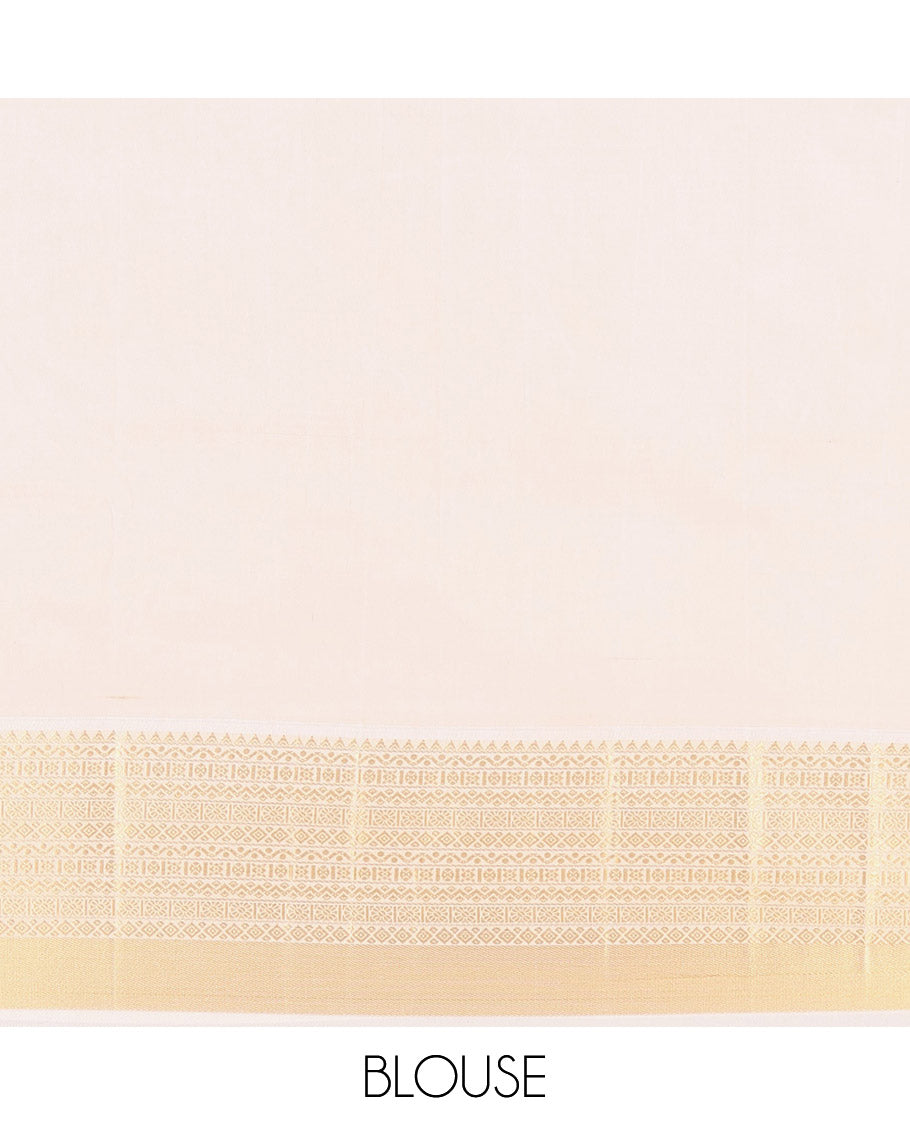 Rust Orange and Off-White Budget Silk Saree, Accentuated with Vaira Oosi, and Mayil-Chakram Designs on Its Body, Complemented by Contrast Traditional Zari Design Border, Chevron-Striped Pallu, and Paired with a Contrast Blouse