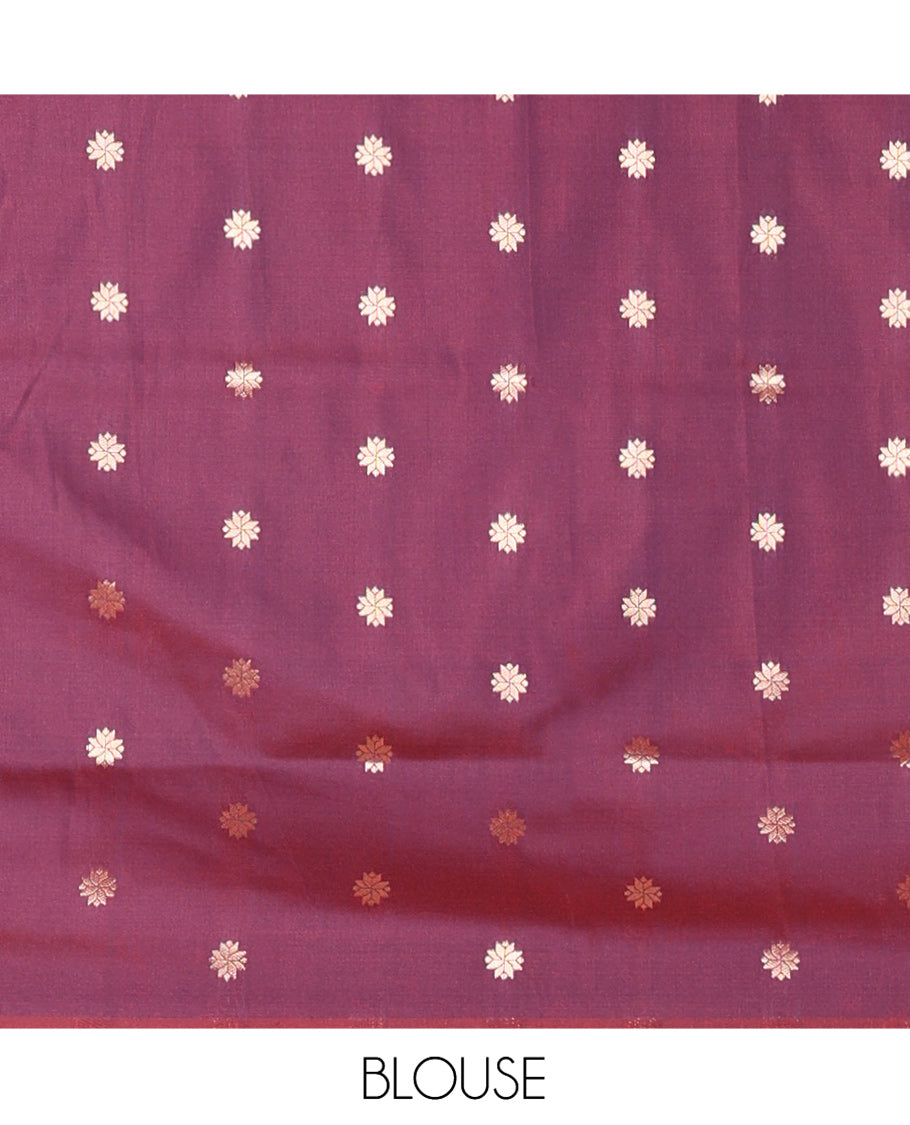 Rani Pink Elite Soft Silk Saree, Enriched with Zari Buttas on Its Body, Complemented by a Contrast Peacock-Floral Zari Blouse, Intricately Designed Pallu, and Paired with a Contrast Blouse